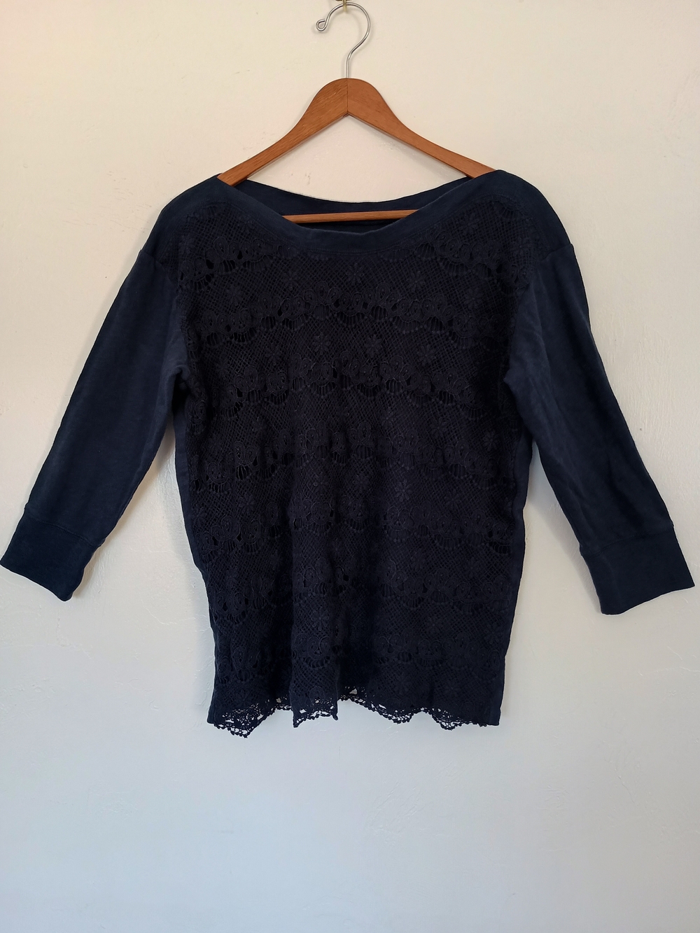 Lucky Brand 100% Cotton Navy Lace Front Long Sleeve Tee